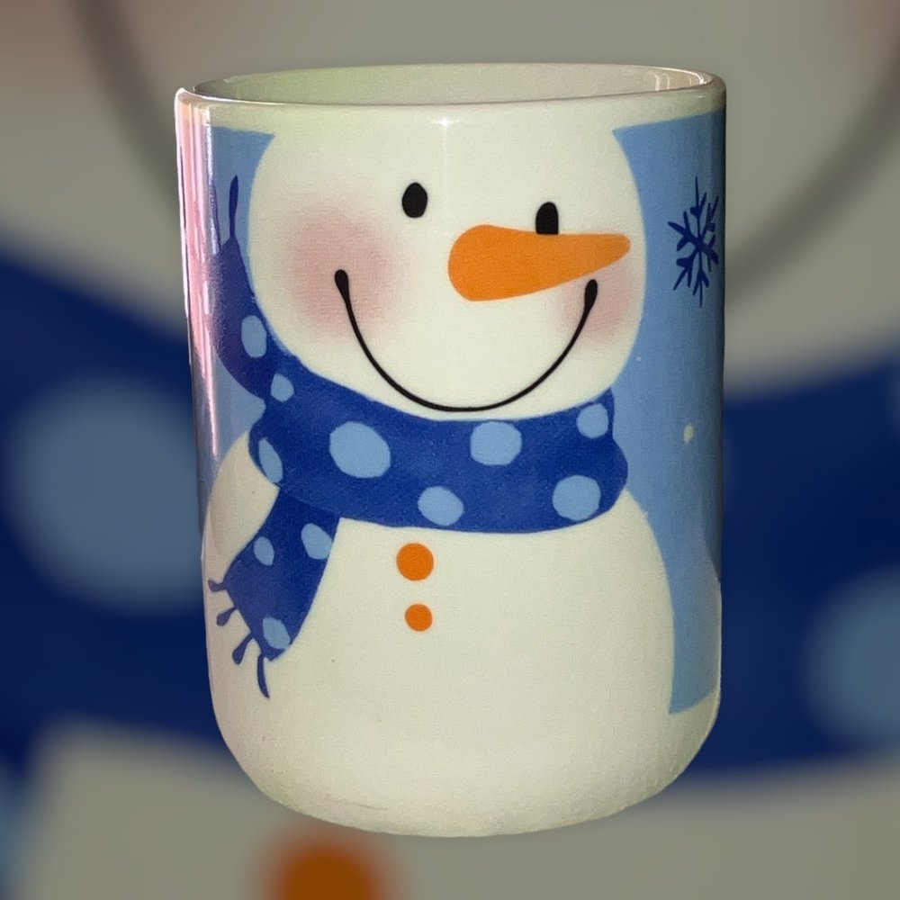 Michael's Coffee Tea Mug White Snowman w/ Blue Scarf & Snow Flakes New Pre-Owned
